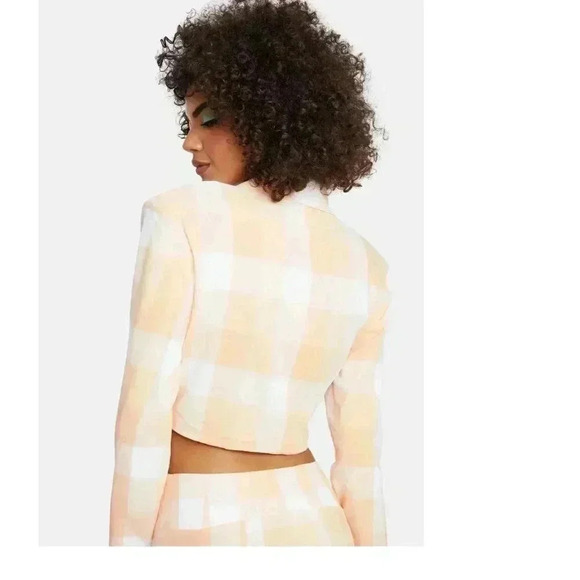 NWT For Love & Lemons Eugenie Cropped Blazer in Pastel Peach Plaid Size Large - Picture 4 of 9